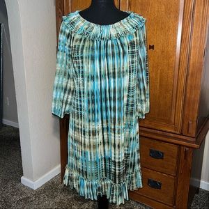 Decode 1.8 Teal, Olive & Black Printed Dress With 3/4 Sleeves